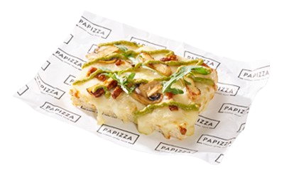 Slice made with mozzarella, roasted chicken strips, pesto, sliced mushrooms, arugula, and sun-dried tomatoes.